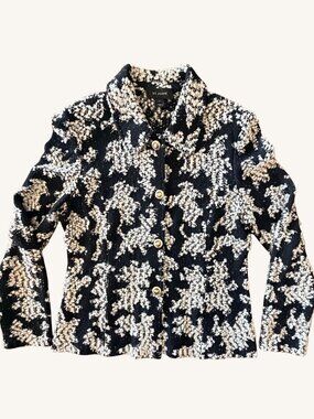 Vintage St. John Knit Jacket Black Ivory Boucle Gold Crest Buttons Size 16
